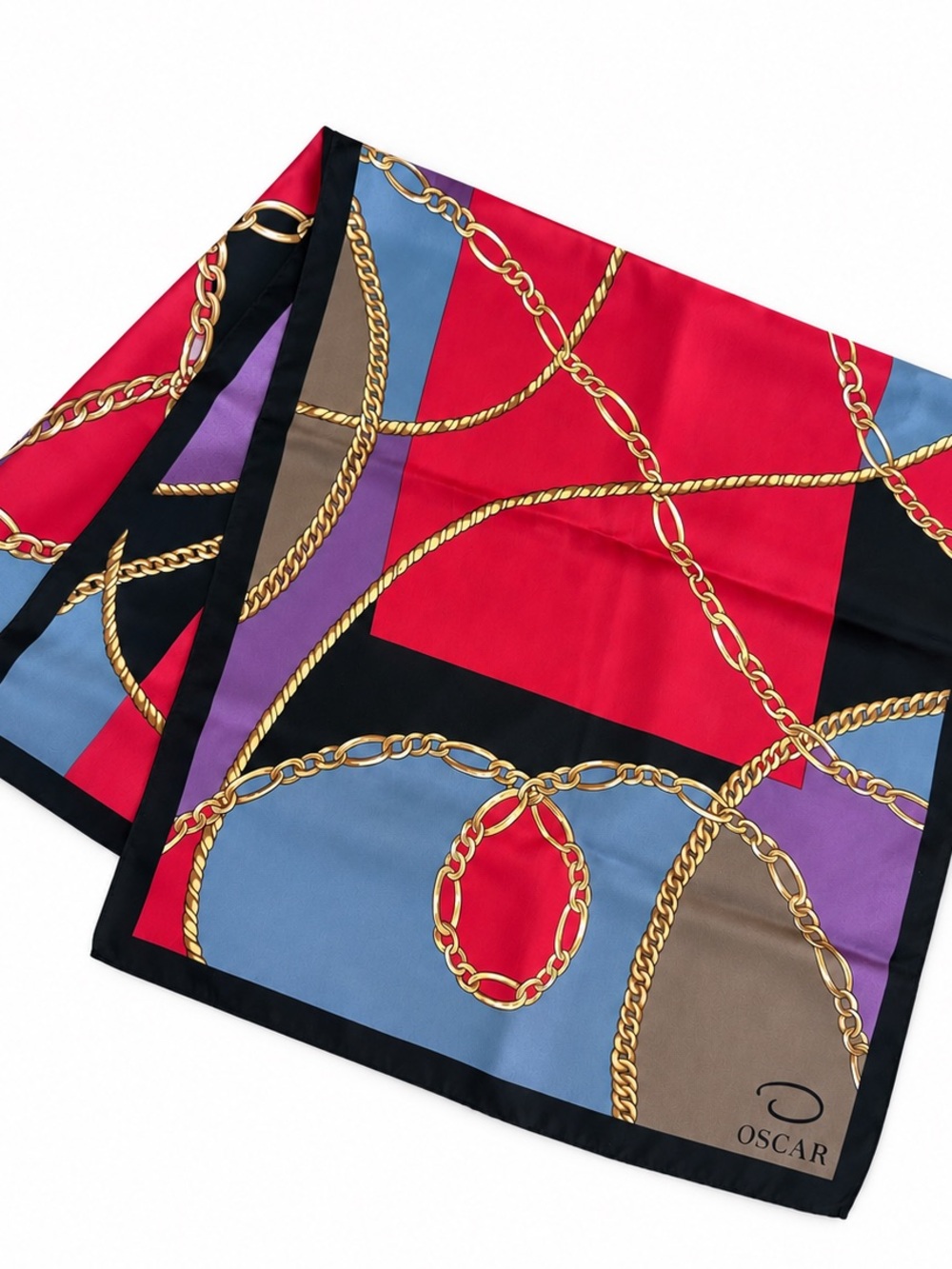Vintage Oscar de la Renta Scarf Chain Print Red Black Gold 53” Long twilly